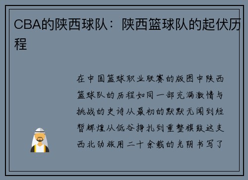 CBA的陕西球队：陕西篮球队的起伏历程